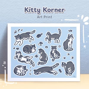 Kitty Korner Art Print - Grey Tabby || Grey Tabby art print, grey white cat, art for cat lovers, silly sassy cute fun cat wall decoration