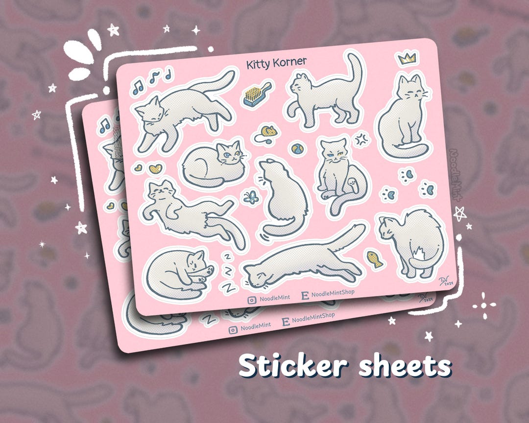 Kitty Korner Sticker Sheet: White Cat Stickers for Stationery Decor - Etsy