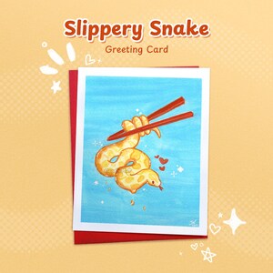 Cartão de felicitações Slippery Noodle || Arte do Ano Novo Lunar, ano da cobra, sorvendo macarrão, cobra de macarrão, arte engraçada de cobra, cartão aapi