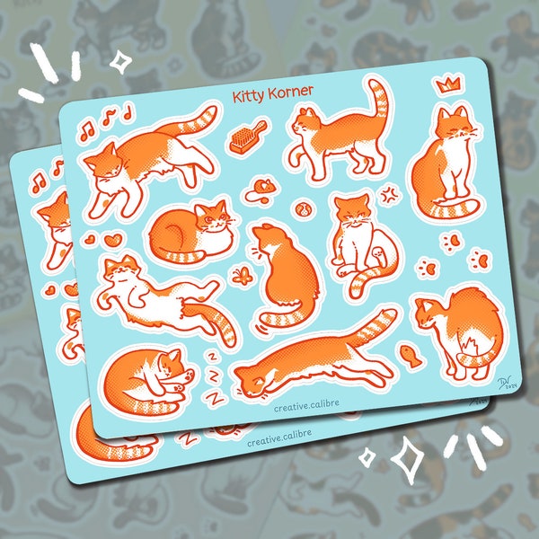 Kitty Korner Sticker Sheet - Orange || Cat sticker sheet,   orange tabby cat, sticker art for cat lovers, silly sassy cute fun cat stickers