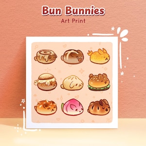 Bun Bunnies Art Print || cute bread inspired rabbits, cartoon food art, easter bunny characters, colorful wall art for kitchen and bedroom