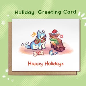 Chien et chat Joyeuses Fêtes || Carte de voeux drôle de vacances, Noël avec des chats, minou grincheux, chien husky mignon, carte de voeux pour des cadeaux et Noël