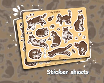 Kitty Korner Sticker Sheet: Brown & White Tabby Cat Stickers For Stationery Decor