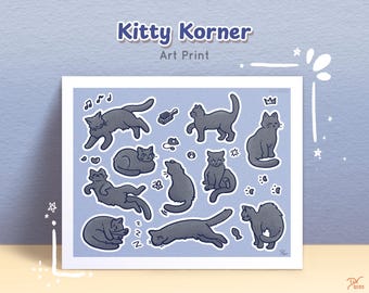 Kitty Korner Art Print: Grey/Russian Blue Cat Wall Art Decor