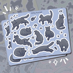 Feuille d'autocollants Kitty Korner - Gris/Bleu russe || Feuille d'autocollants de chat, chat gris, art d'autocollant pour des amants de chat, autocollant de chat d'amusement mignon idiot impertinent