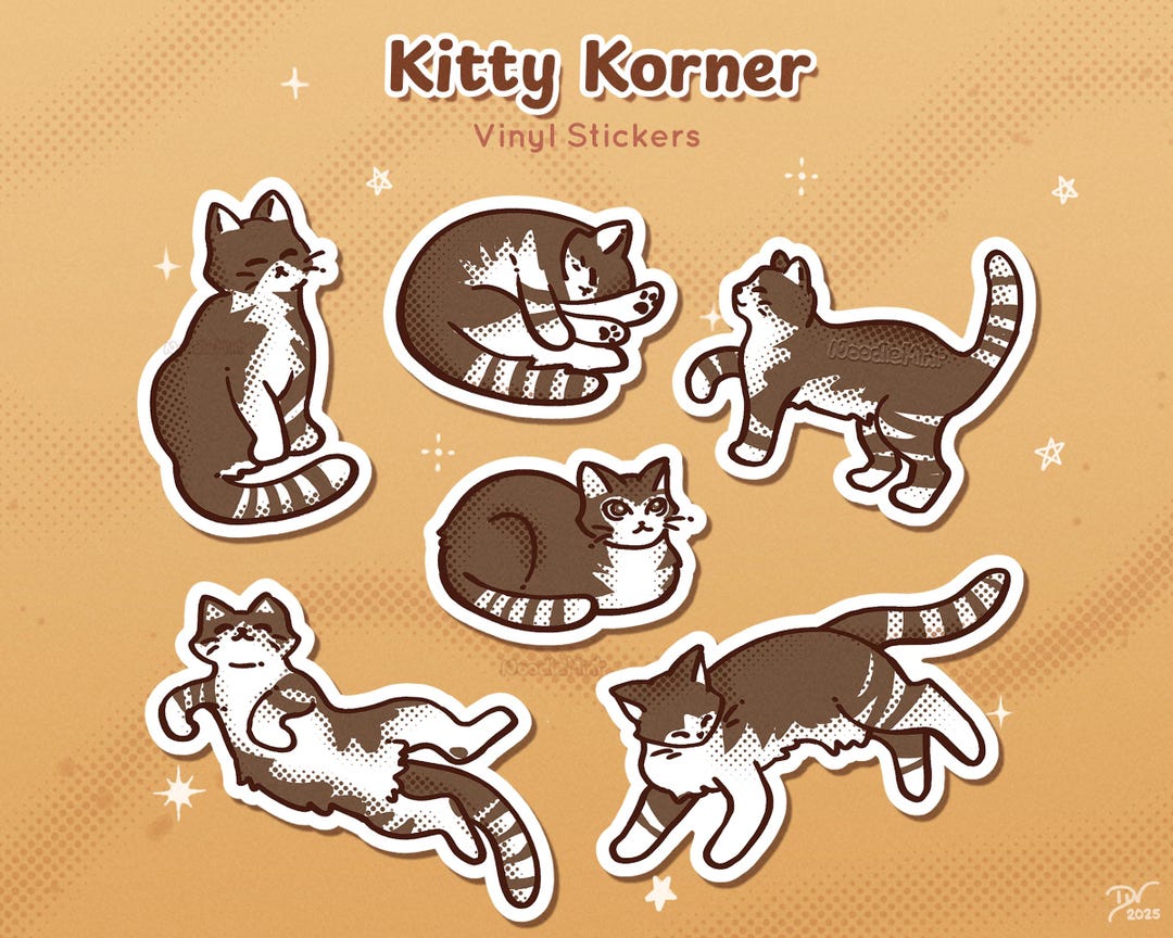 Kitty Korner Sticker Pack: Brown & White Tabby Cat Waterproof Vinyl ...