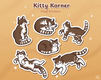 Kitty Korner Sticker Pack: Brown & White Tabby Cat Waterproof Vinyl Stickers