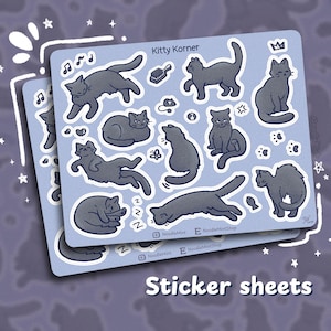 Kitty Korner Sticker Sheet: Grey/Russian Blue Cat Stickers For Stationery Decor