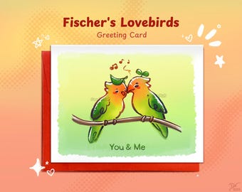 Inséparables de Fischer || Jolie carte de voeux d'oiseau, cartes pour couples, illustration de chant de tourtereau, oeuvre d'art pour les amateurs d'oiseaux, carte de Saint-Valentin