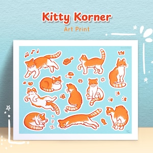 Kitty Korner Art Print - Orange || Orange tabby cat art print, art for cat lovers, silly sassy cute fun cat wall art decoration