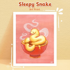 Sleepy Snake Art Print: Lunar New Year Noodle Bowl Gouache Painting