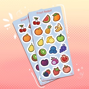 Corbeille de fruits - Feuille d'autocollants de fruits || Adorables autocollants de fruits arc-en-ciel, autocollants de nourriture pour albums de coupures, autocollants pour enseignants et rentrée des classes