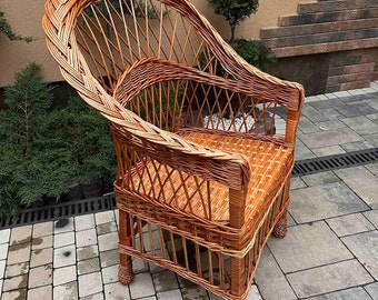 Sillón de mimbre artesanal, muebles de porche, cómoda silla de mimbre para jardín y patio trasero.