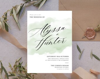 Sage Green Minimalist Wedding Invitation | Watercolor Editable Invite | Modern Invite | Minimalist Wedding Invitation Template | ALYS01