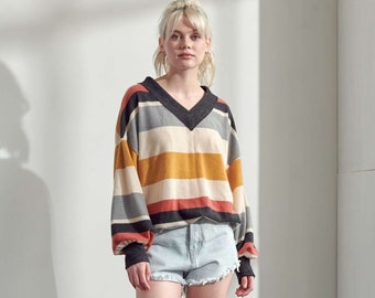 V-Neck Multi Color Stripe Long Sleeve Top