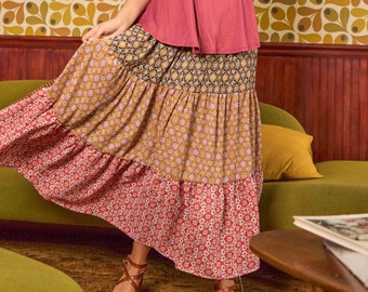 Multi-Print Layered Long Skirt