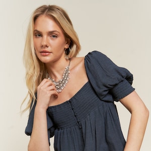 Smocked Neck Wide Leg Jumpsuit Navy