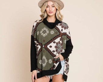 Aztec Floral Print Cowl-Neck Top