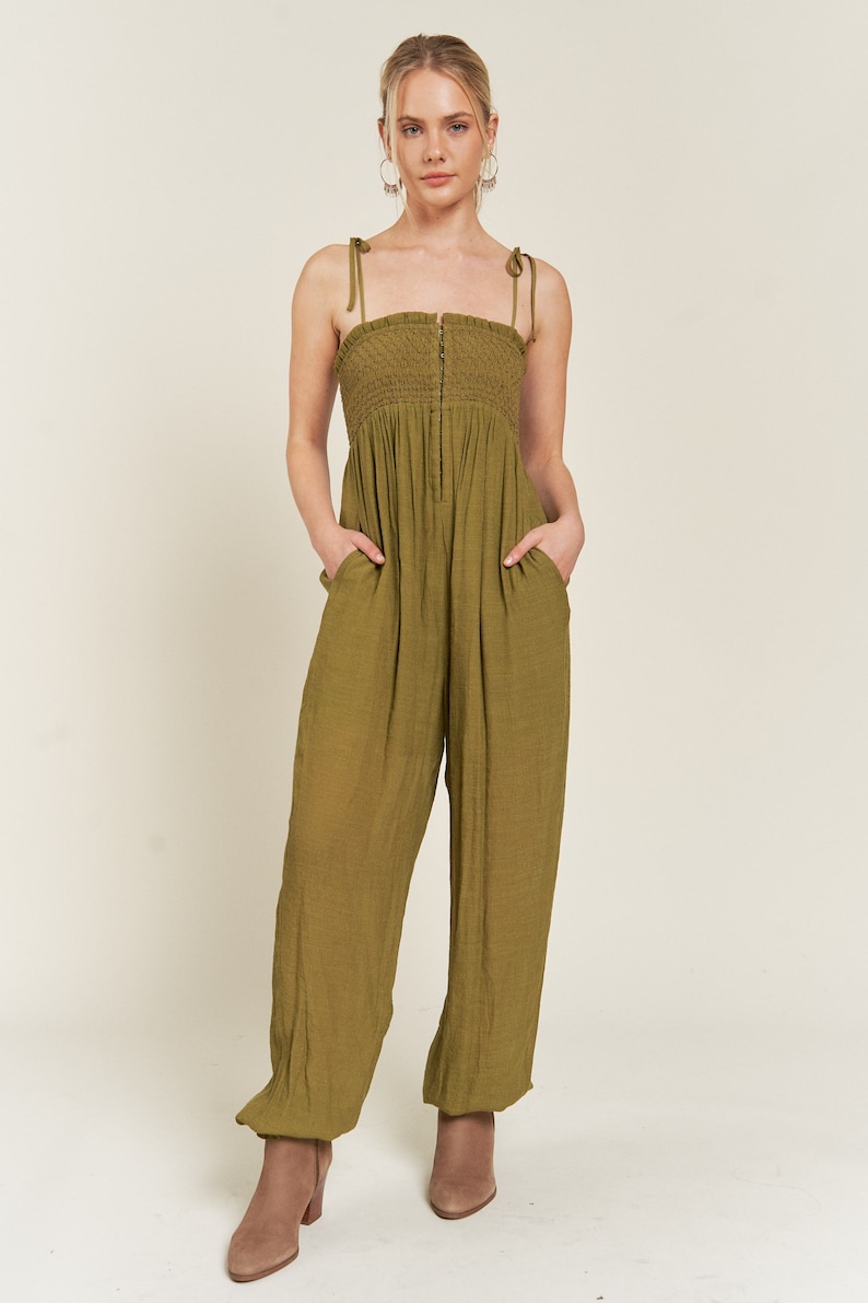 Smocked Tie Strap Jumpsuit Olive