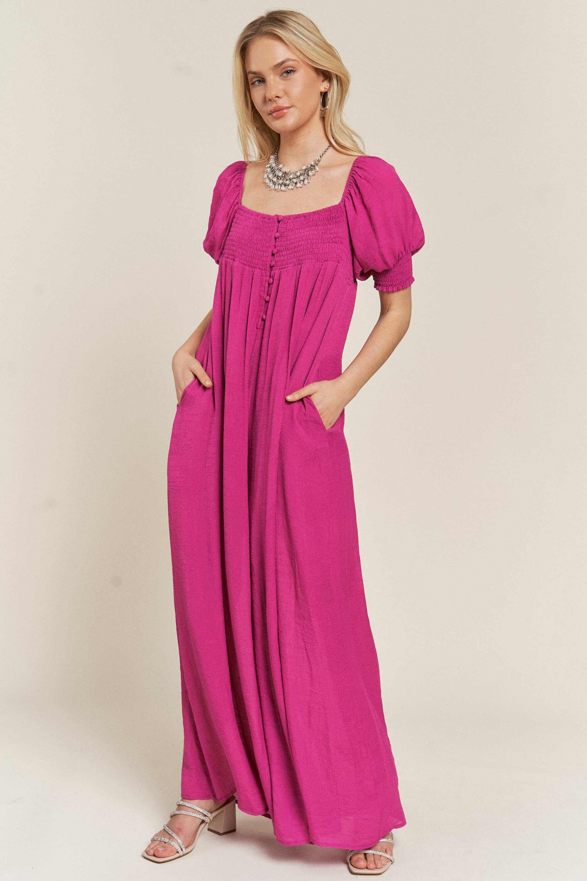 Smocked Printed Wide Strap Jumpsuit