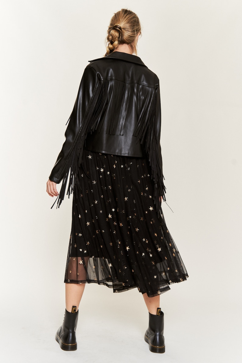 Fringe Trim Faux Leather Snap Jacket