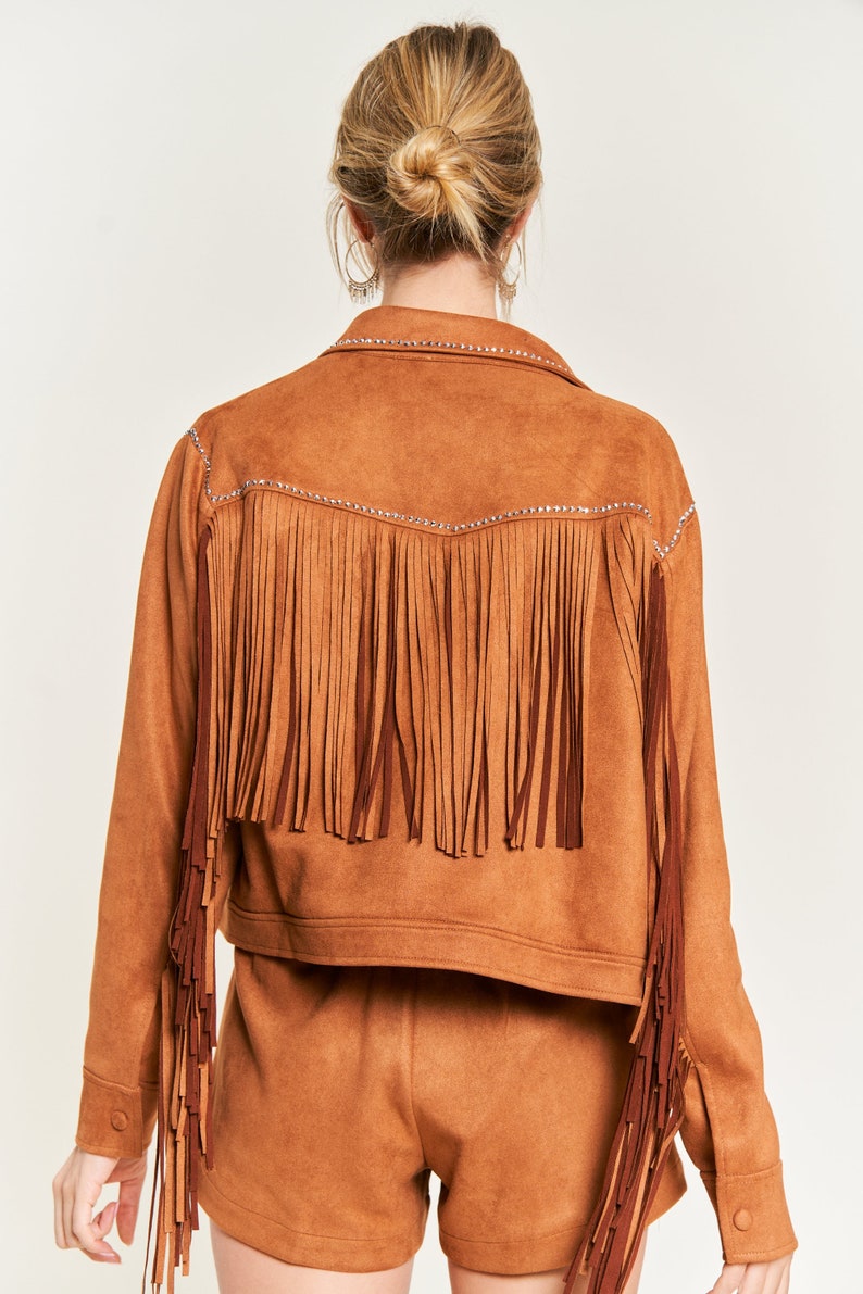 Studded Fringe Button Down Denim Jacket
