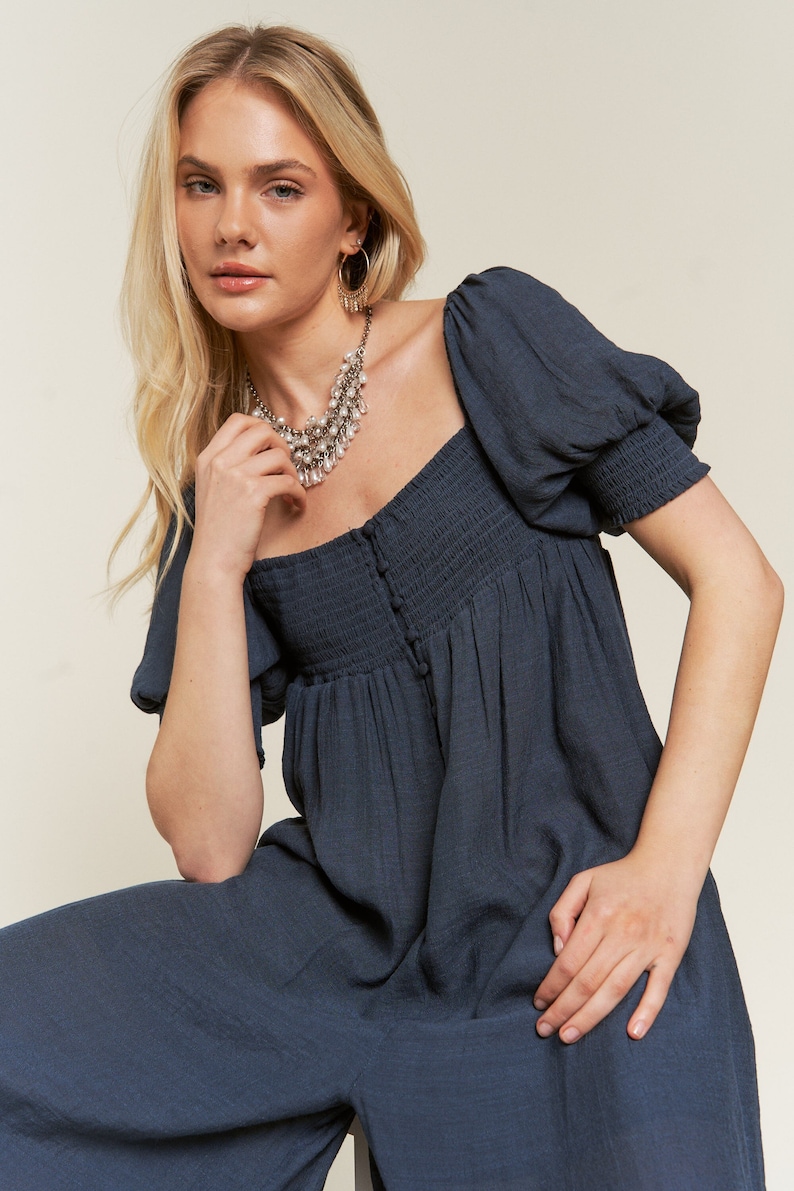 Smocked Neck Wide Leg Jumpsuit Navy