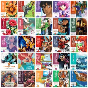 May include: A collection of colorful coloring books featuring various themes and characters. The books showcase illustrations of flowers, Disney characters, Looney Tunes, and manga art. Each book has a unique cover design with titles in multiple languages.