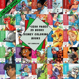 May include: A collection of 25 Disney coloring books, featuring various characters from classic animated films. The image includes the text "+3200 pages" and "Disney Coloring Books". The books are in a PDF download format.