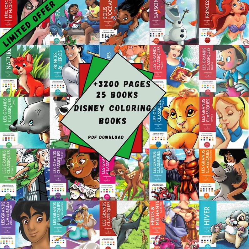 May include: A collection of 25 Disney coloring books, featuring various characters from classic animated films. The image includes the text "+3200 pages" and "Disney Coloring Books". The books are in a PDF download format.