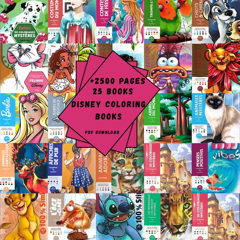 May include: A collection of 25 Disney coloring books, featuring various characters and themes. The image includes a pink banner with the text "+2500 PAGES 25 BOOKS DISNEY COLORING BOOKS PDF DOWNLOAD". The books showcase colorful illustrations.