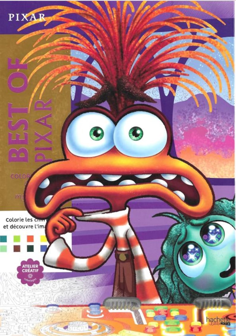 May include: A colorful illustration from the "Best of Pixar" collection. The image features a cartoon character with large eyes, an orange face, and a striped shirt. The background is purple and gold, with the word "PIXAR" prominently displayed.