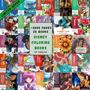 May include: A collection of 25 Disney coloring books, featuring various characters and themes. The image includes the text "+3000 pages" and "PDF Download". The books have colorful covers with images of Disney characters and other illustrations.
