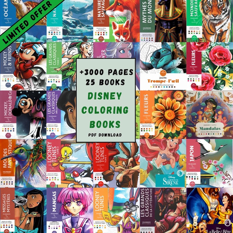 May include: A collection of 25 Disney coloring books, featuring various characters and themes. The image includes the text "+3000 pages" and "PDF Download". The books have colorful covers with images of Disney characters and other illustrations.