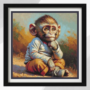 Monkey Cross Stitch Pattern, Thoughtful Monkey, Instant PDF Download, Jungle Design, Cross Stitch Monkey, Portrait Style, Personal Gift Idea
