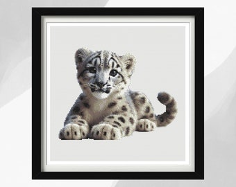 Snow Leopard Cross Stitch Design Pattern, Realistic Animal Art, Instant PDF Download, Baby Snow Leopard Pattern, Wildlife Gift Idea