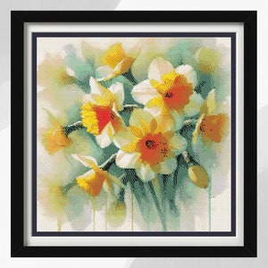 Daffodil Cross Stitch Design Pattern, Instant PDF Download, Watercolour Style Spring Flowers, Pattern Keeper Compatible