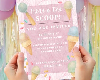 EDITABLE Here&#39;s The Scoop- Ice Cream Themed Party Invitation/ Fully Customizable Birthday Sprinkle Ice Cream Invitation