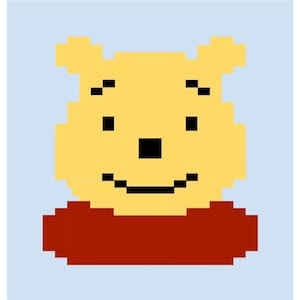 Puede incluir: Ilustración pixelada de la cara de un oso amarillo con ojos, nariz y boca sonriente negros. El oso lleva una camisa roja, sobre un fondo azul claro. La imagen tiene una estética retro de videojuego de 8 bits.