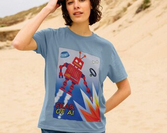Könnte beinhalten: Ein hellblaues T-Shirt mit einem Grafikdruck eines roten Roboters mit dem Text "DESTROY" auf seiner Brust. Der Roboter fliegt mit Flammen hinter sich. Der Text "FEAR OF AI" befindet sich unter dem Roboter.