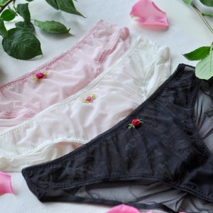 Calcinhas de tule diversas com rosas bordadas, Calcinhas bordadas à mão, Calcinhas de lingerie feitas à mão, Lingerie estilo rococó