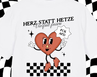 「憎しみではなく心を」Tシャツ｜スローガンTシャツ｜プリントTシャツ｜反AfD｜ナチスをくたばらせろ｜AfDをくたばらせろ｜特大Tシャツ｜レトロTシャツ