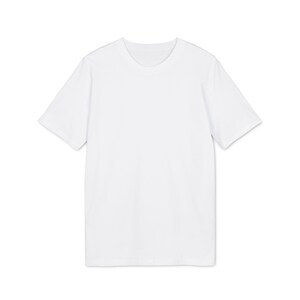 May include: A plain white t-shirt with short sleeves and a crew neck.