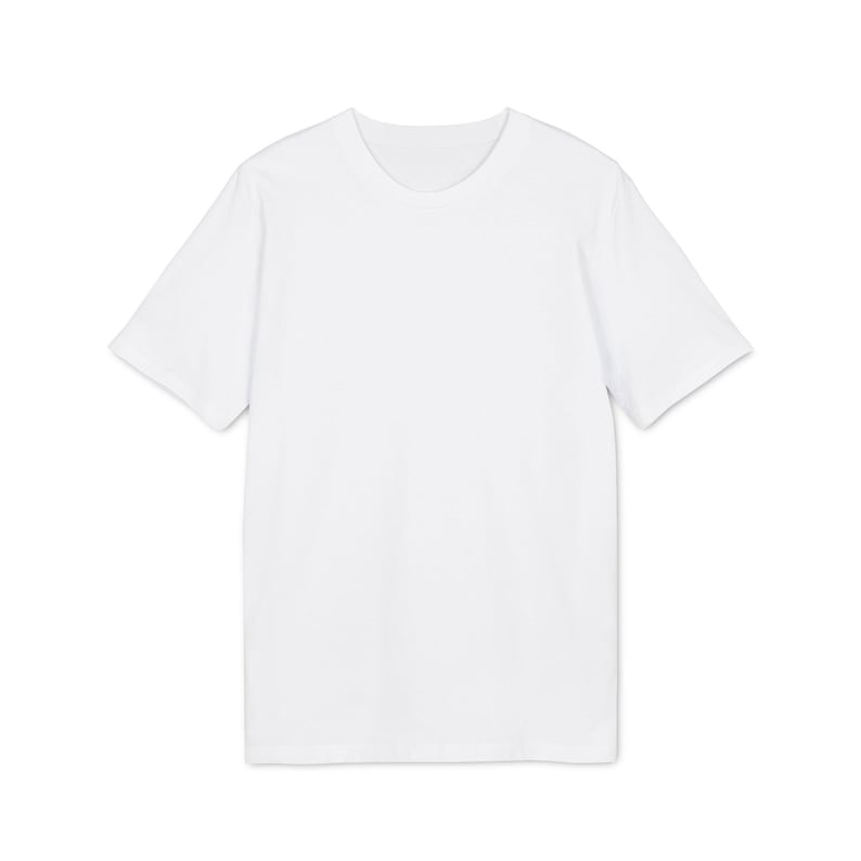 May include: A plain white t-shirt with short sleeves and a crew neck.
