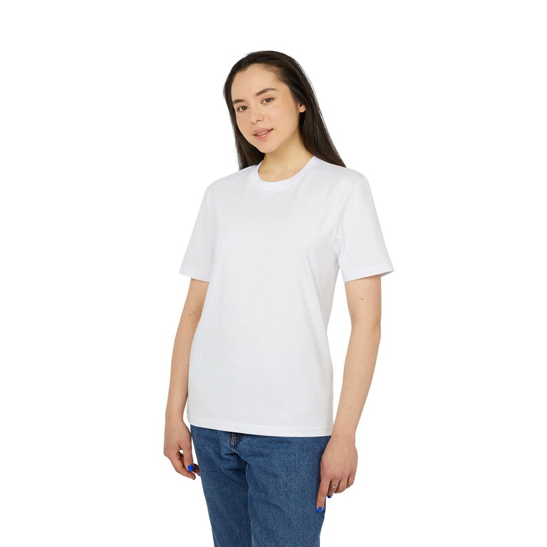 May include: A white short-sleeved t-shirt with a crew neck.