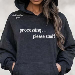 Op de afbeelding: Donkergrijze hoodie met een voorzak en een capuchon. De tekst "processing... please wait" is in het wit op de borst gedrukt. De hoodie heeft een casual stijl.