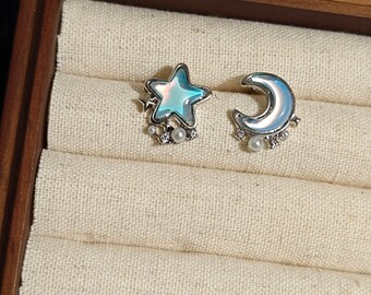 Blue Star Moon Earrings: 925 Silver Celestial Studs