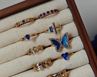 UK seller! 9pcs blue gold set rings, gold Ring set ,gift for her Gold Midi Ring Set, cute thin ring , stackable rings, bohemian, butterfly