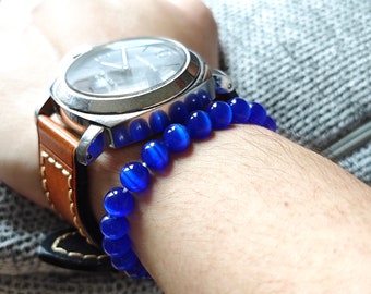 UK seller! Deep blue quartz crystal chalcedony Gemstone Bracelet ,Minimalist Sunstone, beads bracelet Calming, handmade bracelet