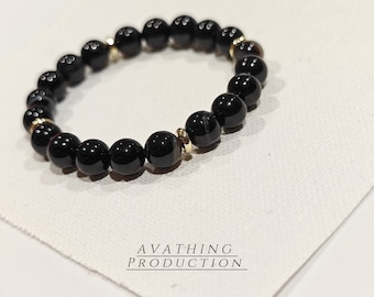 Black Quartz & Chalcedony Gemstone Bracelet: 14k Gold, Handmade